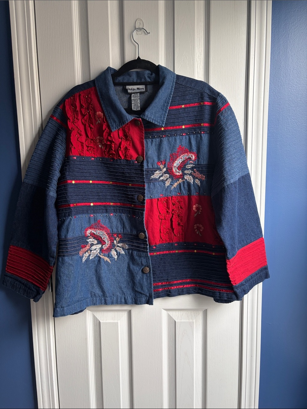 VTG Indigo Moon Patchwork Denim Jacket Embroidered Plus 1X Beaded